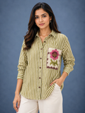 Olive Green Striped Pure Crepe Shirt for Women | Floral Pocket Shirt
