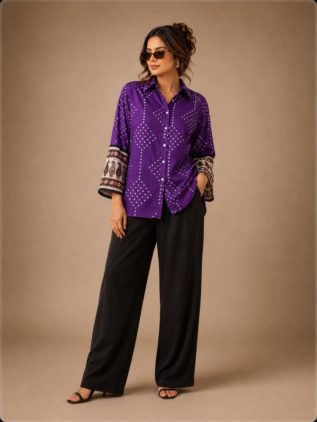 Women's Purple Bandhani Print Collared Shirt | 3/4 Sleeves | Premium crepe
