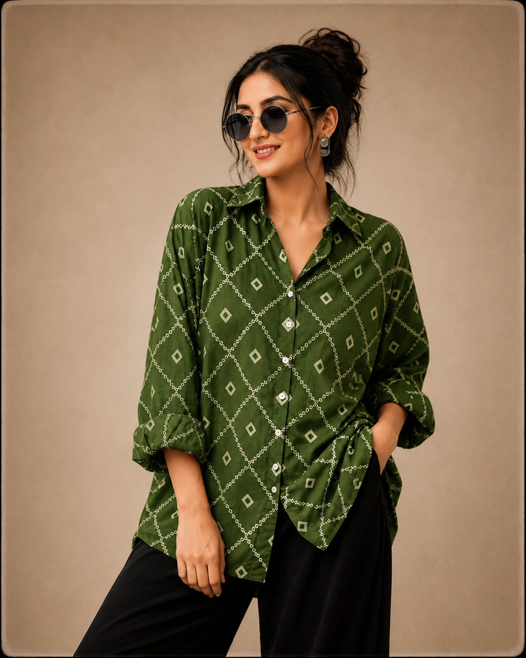 Women's Green Geometric Printed Cotton Crepe Oversized Casual Shirt