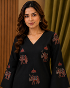 Black Elephant Print V-Neck Bell Sleeve Top for Women