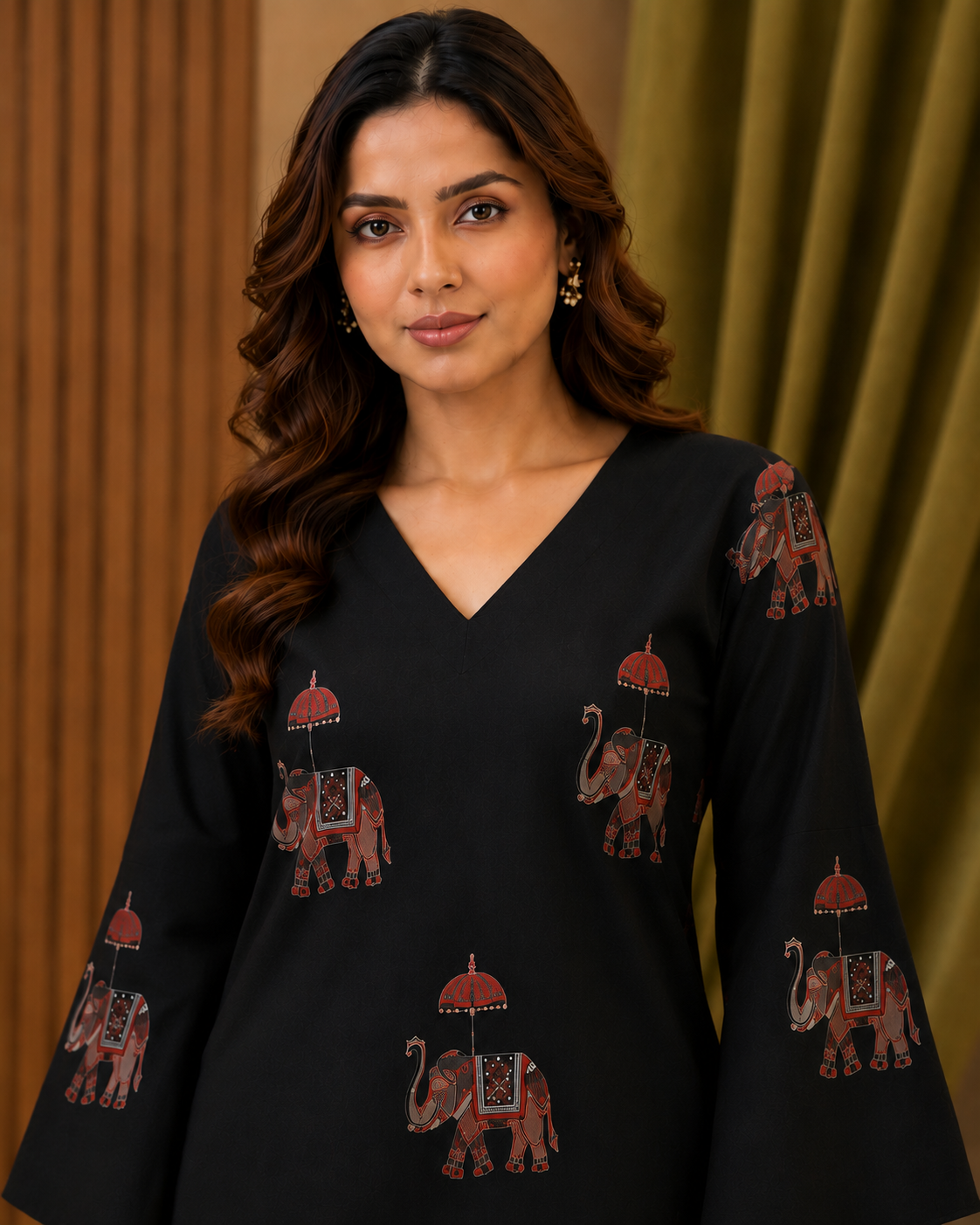 Black Elephant Print V-Neck Bell Sleeve Top for Women