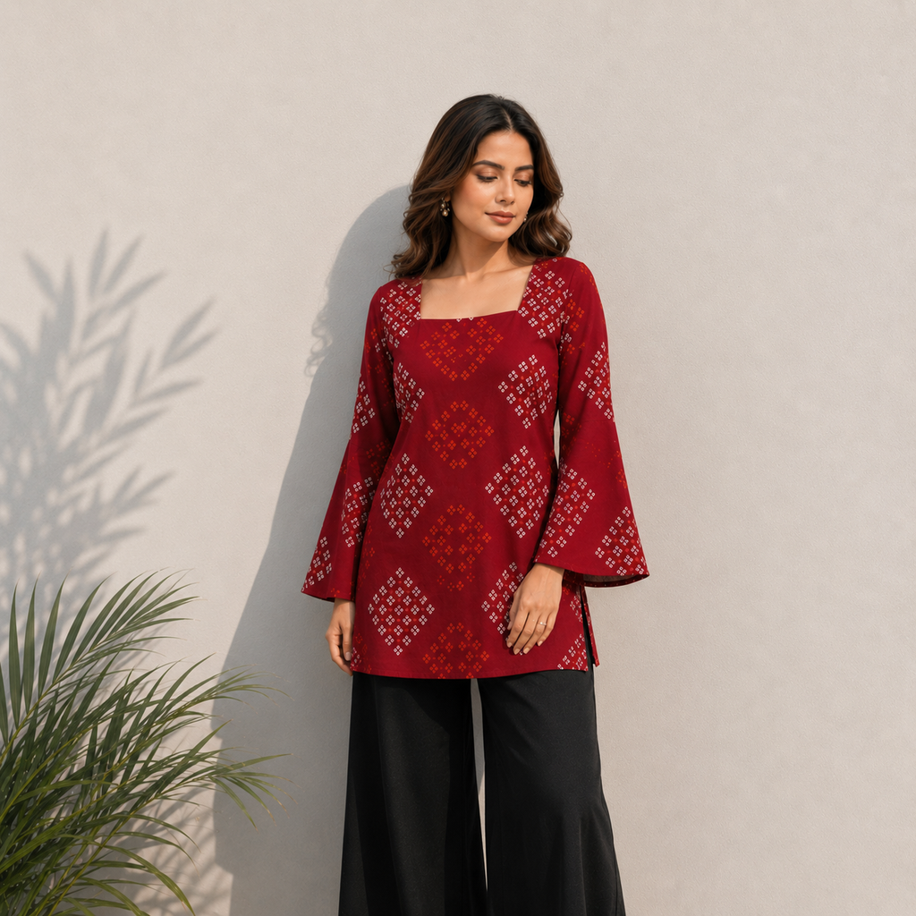 Women's Maroon Bandhani Print Cotton Tunic Top | Square Neck Casual Top | LaddyLuxe