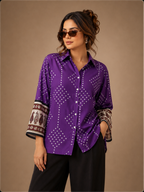 Women's Purple Bandhani Print Collared Shirt | 3/4 Sleeves | Premium crepe