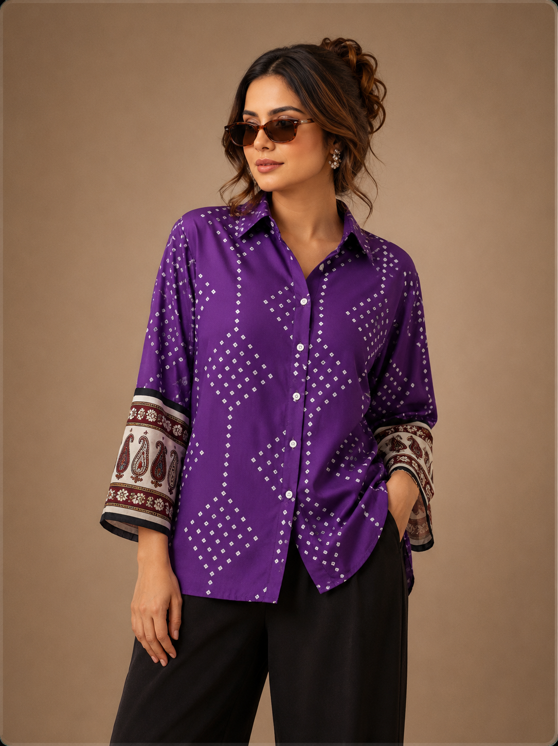 Women's Purple Bandhani Print Collared Shirt | 3/4 Sleeves | Premium crepe