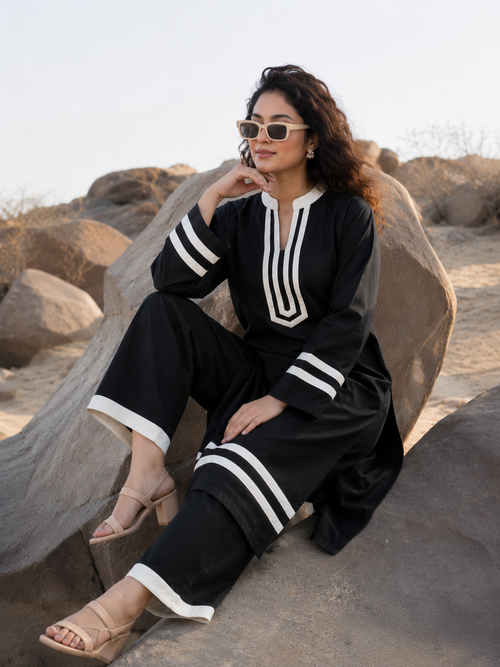 Black Contrast Trim Co-Ord Kurta Set for Women