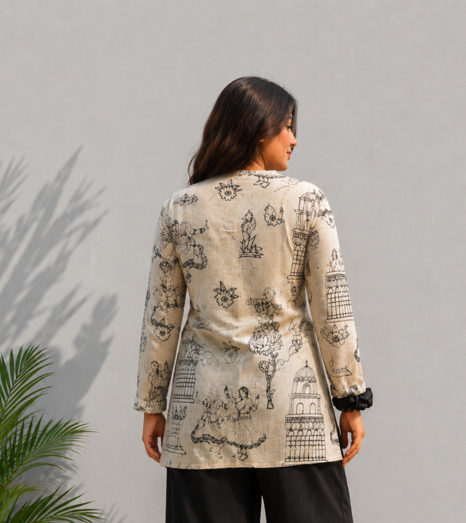 Women's Beige Ethnic Print V-Neck Cotton Tunic Topse
