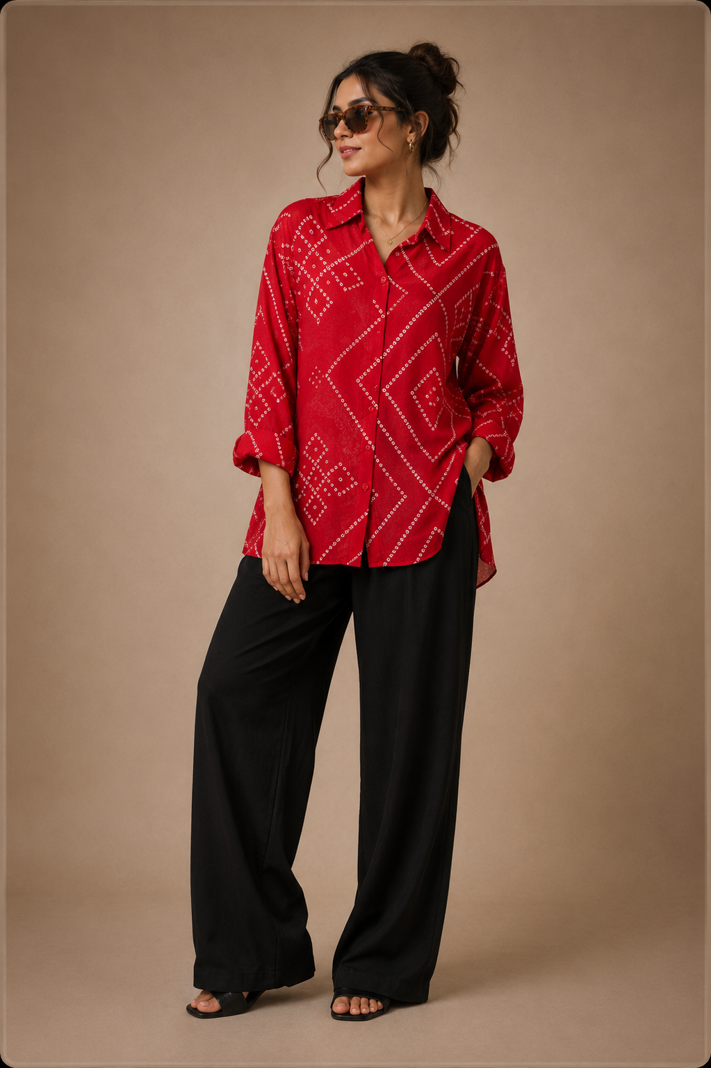 Women's Red Bandhani Print Collared Shirt | Premium Crepe| Full Sleeves