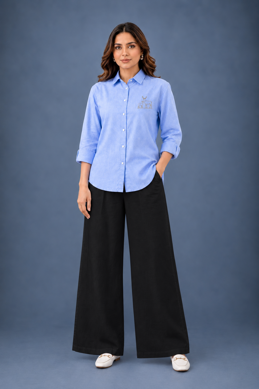 Sky Blue Cotton Shirt for Women | Deer Embroidery Full Sleeve Shirt