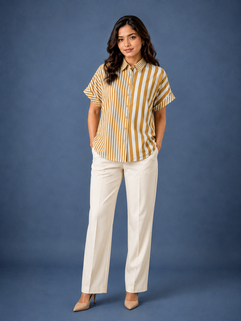 Mustard & White Striped Pure Crape Shirt for Women | Half Sleeve Casual Shirt