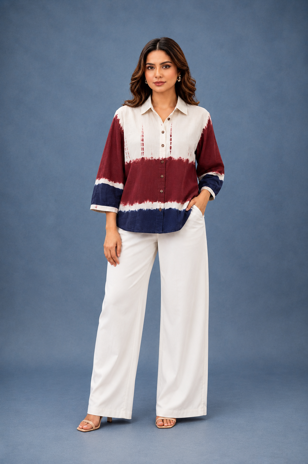Maroon & Navy Tie-Dye Printed Women's Shirt
