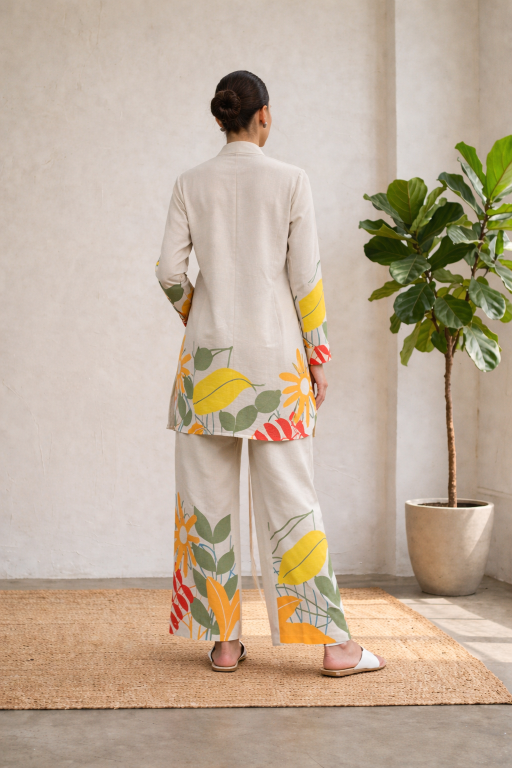 Floral Printed Co-ord Set – Cream Beige Designer Kurta & Wide-Leg Pants