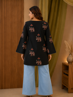 Black Elephant Print V-Neck Bell Sleeve Top for Women