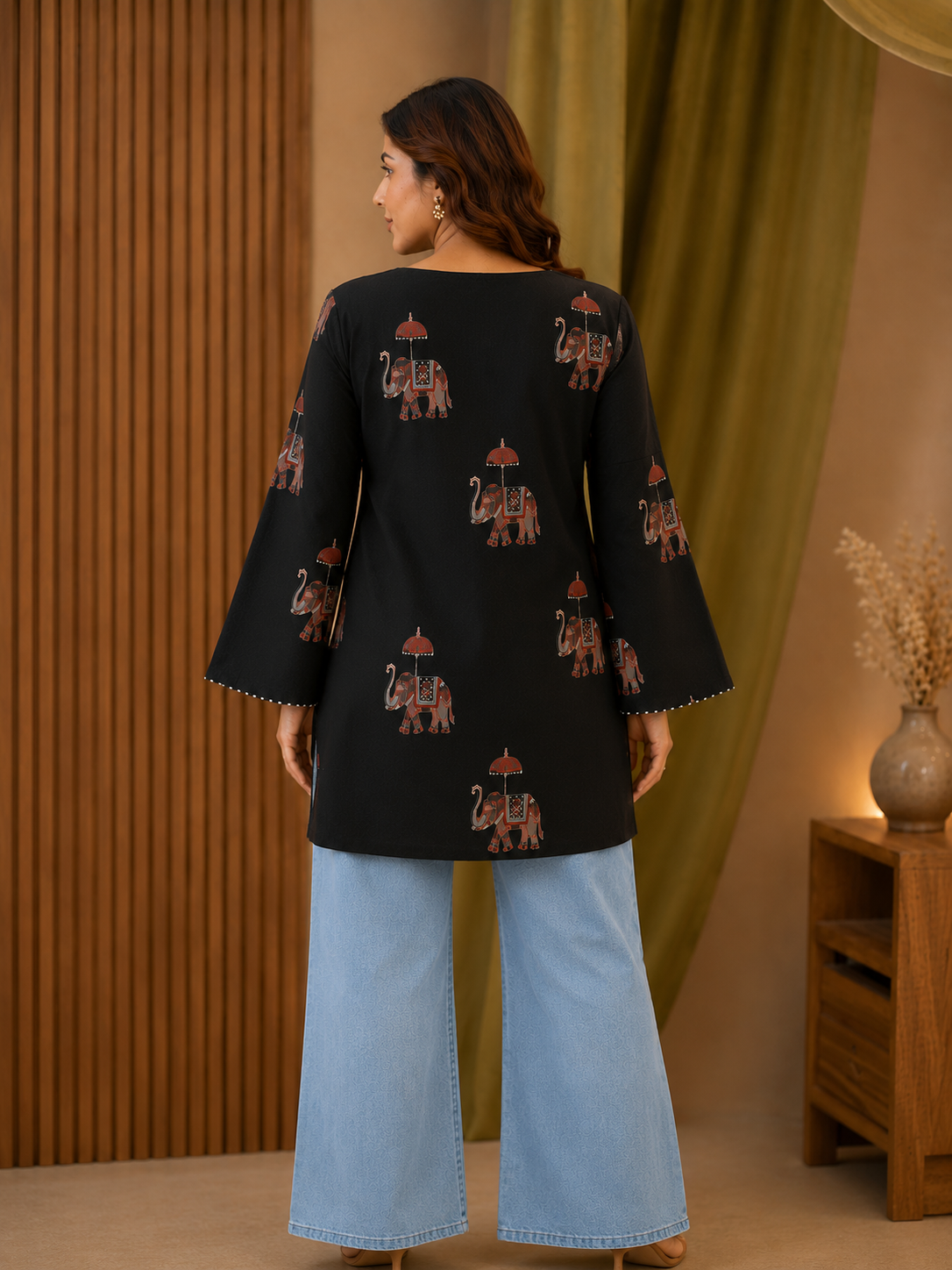 Black Elephant Print V-Neck Bell Sleeve Top for Women
