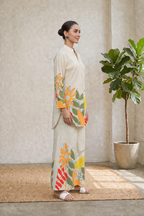 Floral Printed Co-ord Set – Cream Beige Designer Kurta & Wide-Leg Pants