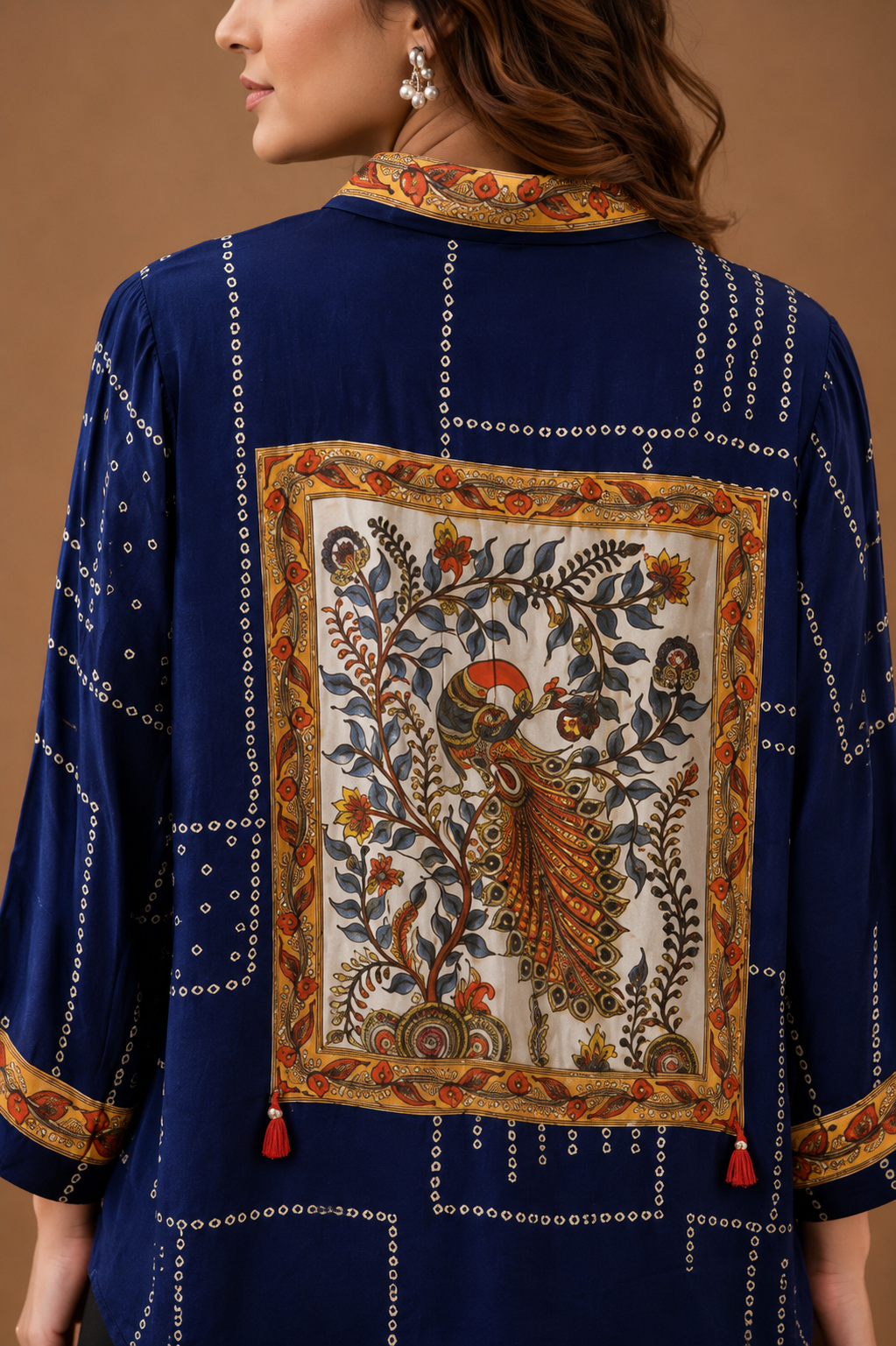 Women's Navy Blue Peacock Back Print Cotton Crepe Oversized Casual Shirt