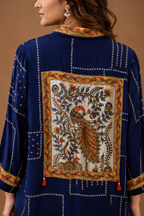 Women's Navy Blue Peacock Back Print Cotton Crepe Oversized Casual Shirt