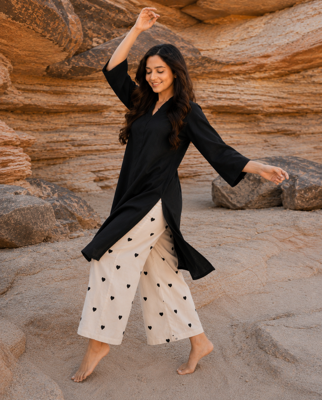 Black V-Neck Kurti with Heart embroidery Wide-Leg Palazzo Set
