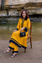 Mustard Yellow Straight Kurta Palazzo Set with Navy Blue Border Detailing