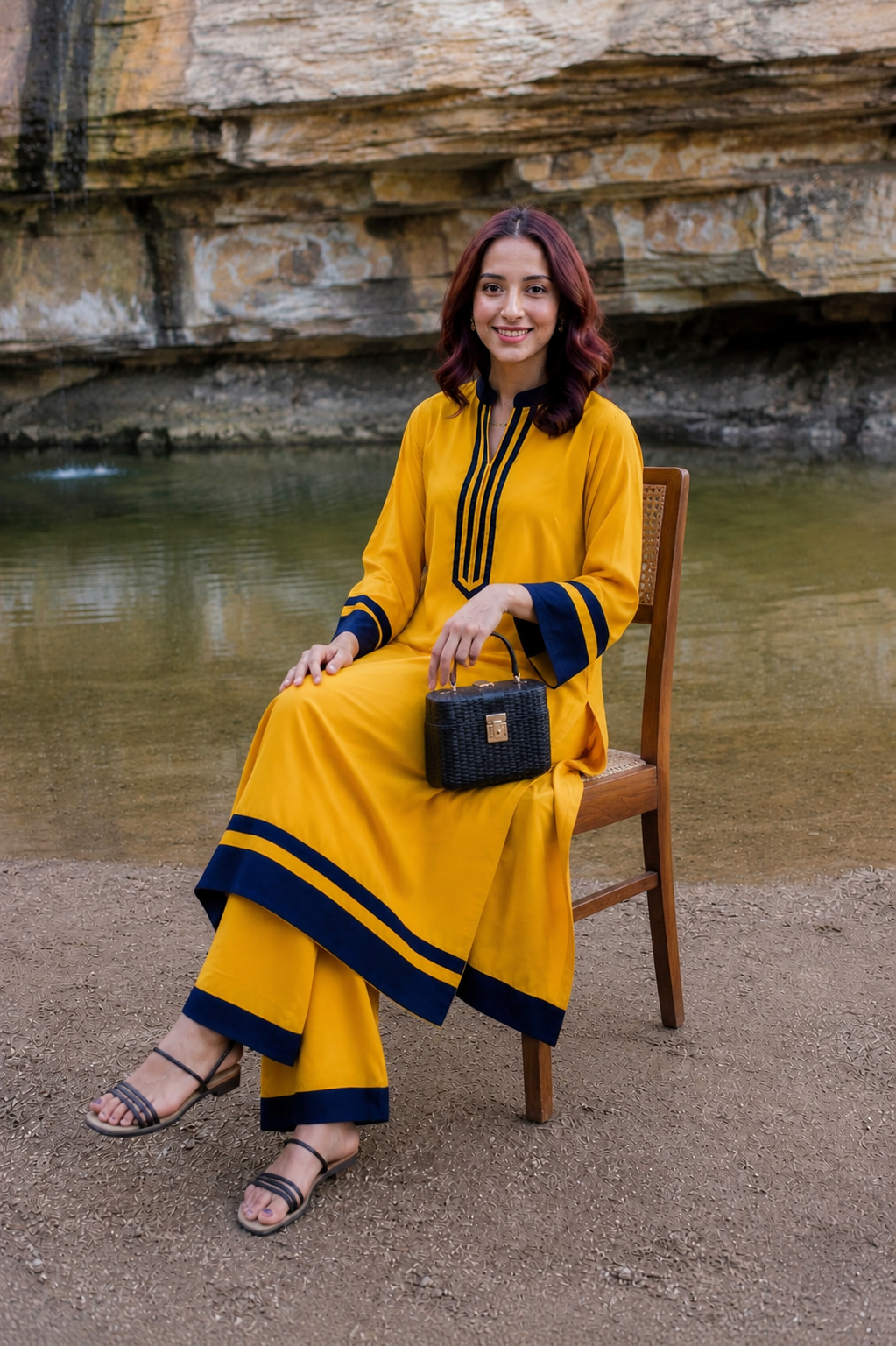 Mustard Yellow Straight Kurta Palazzo Set with Navy Blue Border Detailing