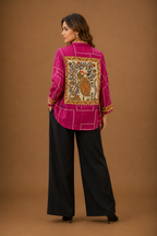 Women's Magenta Peacock Back Print Cotton Crepe Oversized Casual Shirt