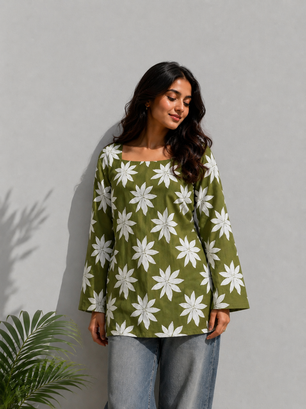 Olive Green Floral Print Tunic Top for Women