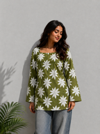 Olive Green Floral Print Tunic Top for Women