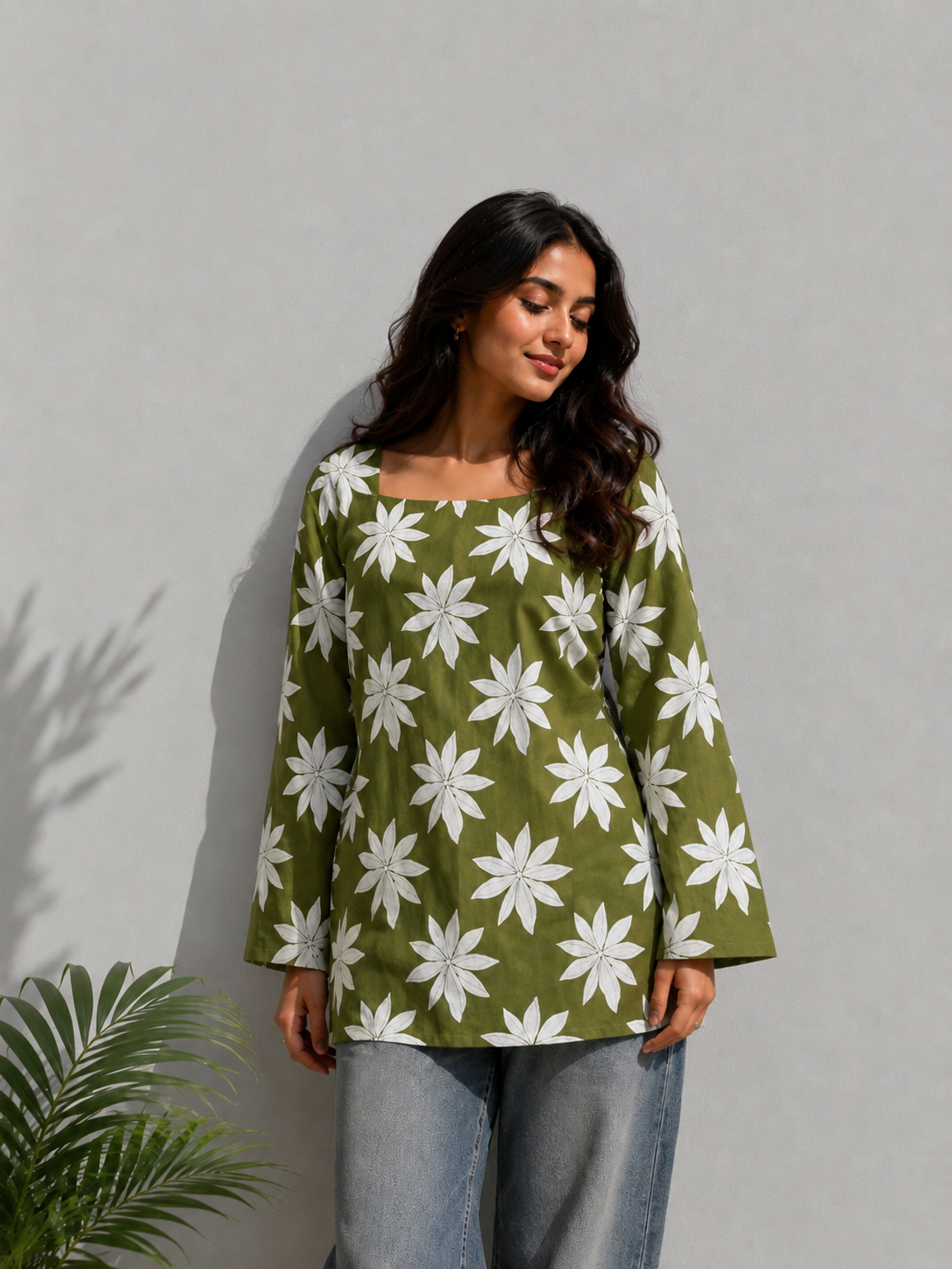 Olive Green Floral Print Tunic Top for Women