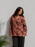 Maroon Leaf Print V-Neck Cotton Kurti for Women