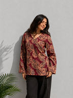 Maroon Leaf Print V-Neck Cotton Kurti for Women