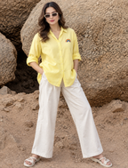 Women's Pastel Yellow Rainbow Embroidered Cotton Shirt