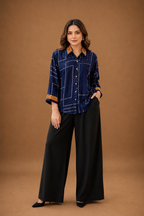 Women's Navy Blue Peacock Back Print Cotton Crepe Oversized Casual Shirt