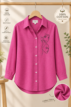Women's Pink Face Line Art Embroidered Cotton Shirt | Relaxed Fit