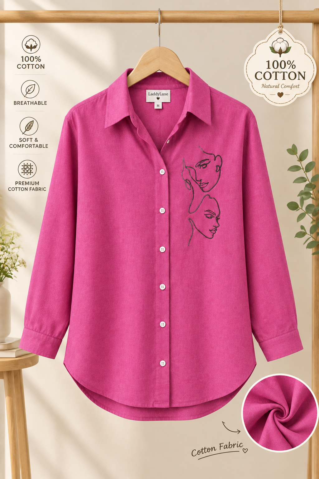Women's Pink Face Line Art Embroidered Cotton Shirt | Relaxed Fit