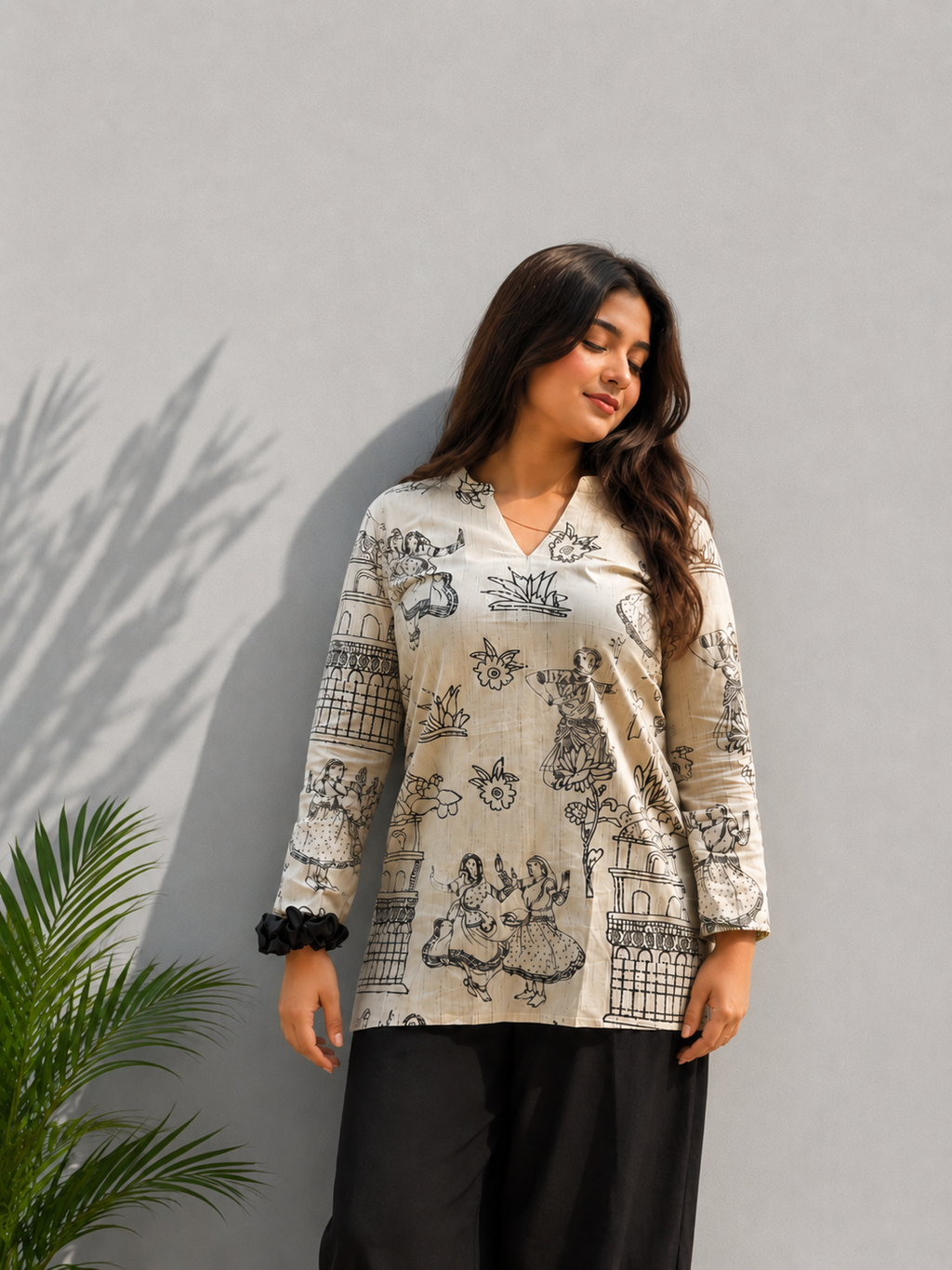 Women's Beige Ethnic Print V-Neck Cotton Tunic Topse