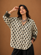 Women's Beige Floral Printed Cotton Crepe Oversized Shirt | Premium Casual Wear