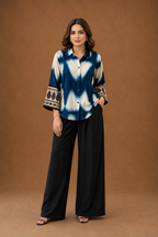 Indigo Tie-Dye natural crape Shirt for Women with Paisley Border Sleeves