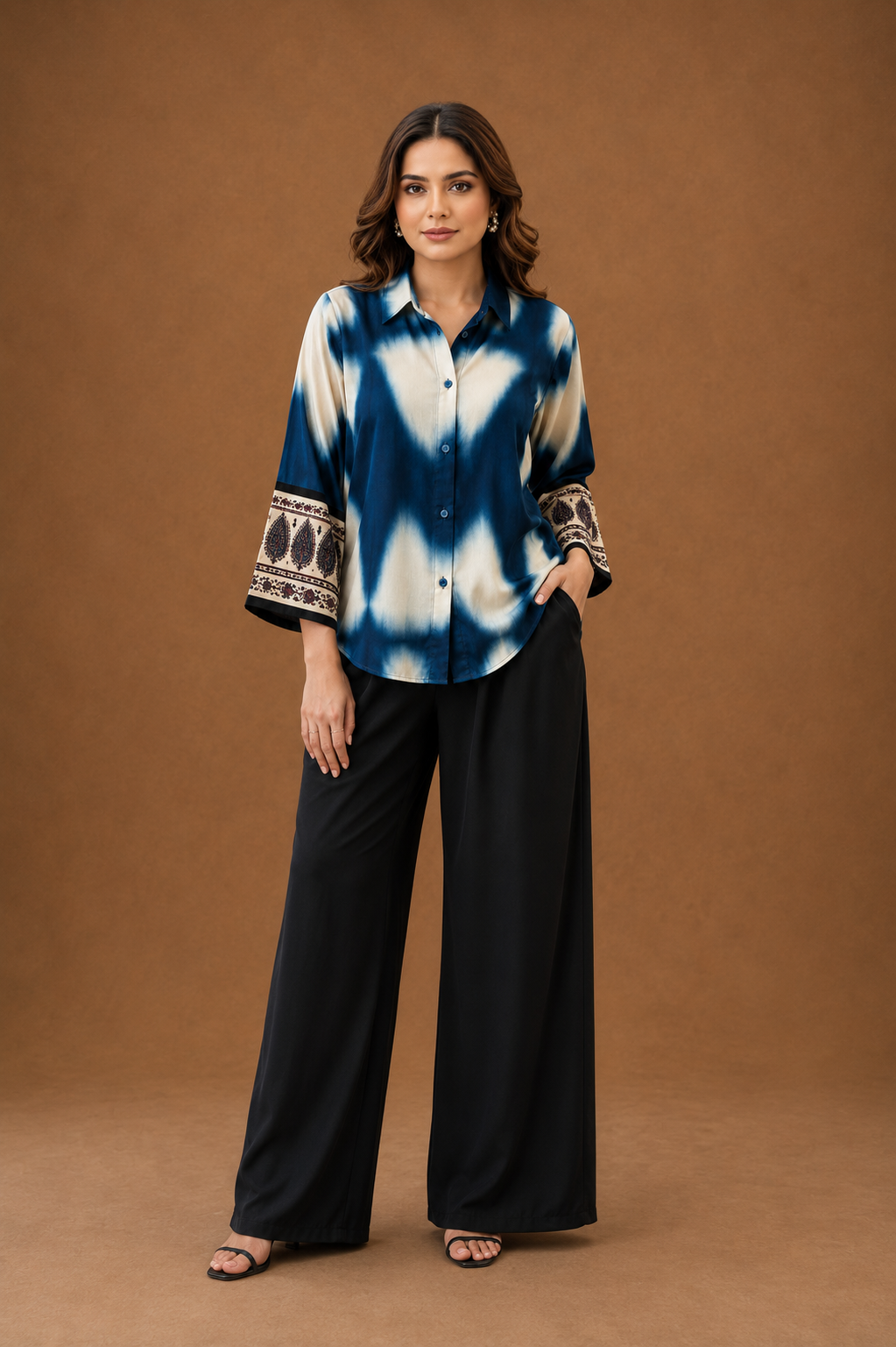 Indigo Tie-Dye natural crape Shirt for Women with Paisley Border Sleeves
