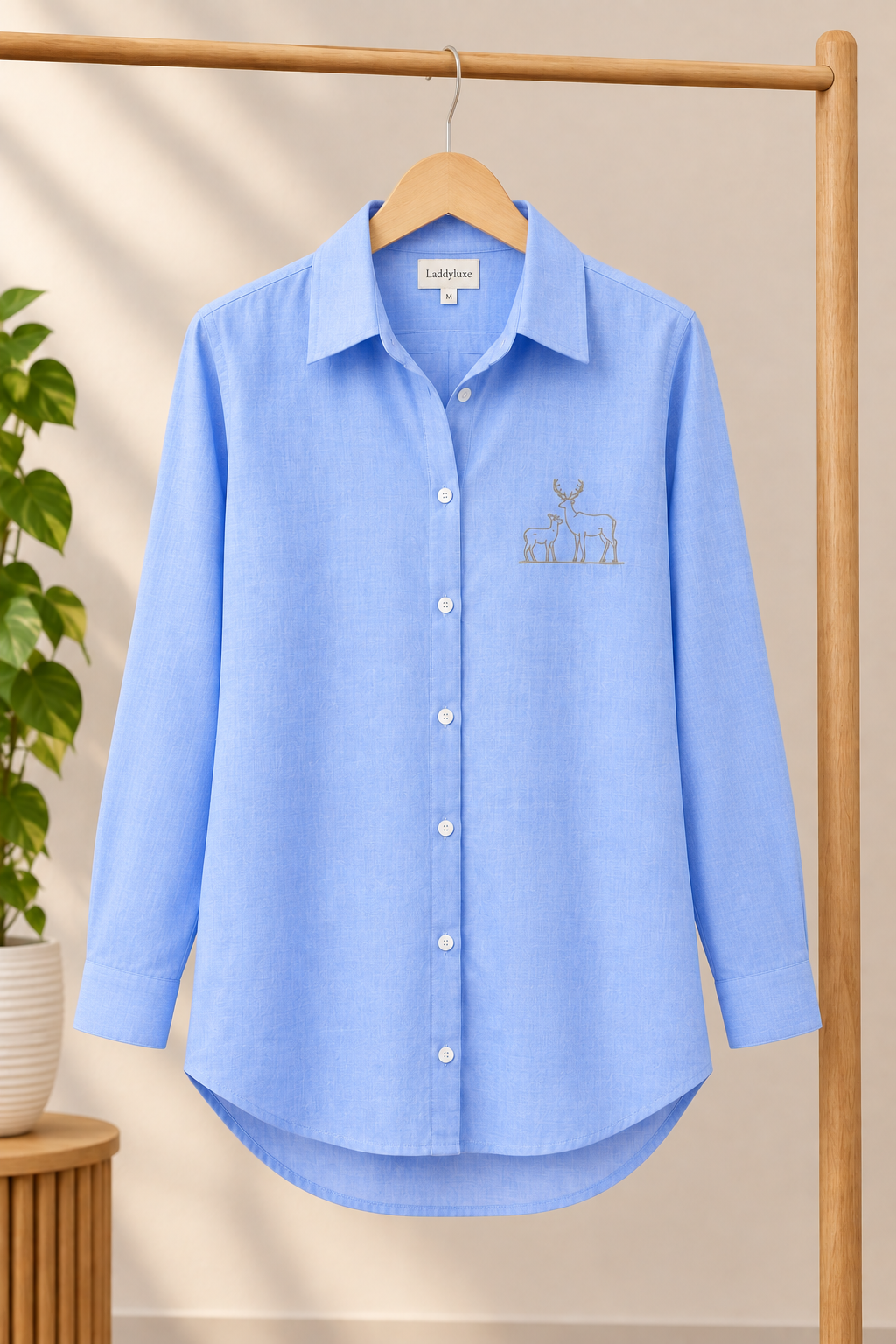 Sky Blue Cotton Shirt for Women | Deer Embroidery Full Sleeve Shirt