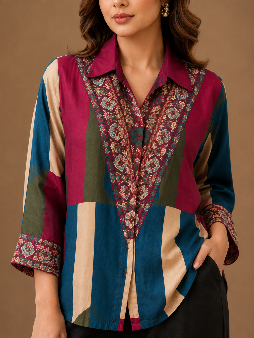 Women's Multicolor Ethnic Print Collared Shirt | Premium Crepe | 3/4 Sleeves