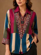 Women's Multicolor Ethnic Print Collared Shirt | Premium Crepe | 3/4 Sleeves