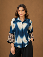 Indigo Tie-Dye natural crape Shirt for Women with Paisley Border Sleeves