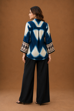 Indigo Tie-Dye natural crape Shirt for Women with Paisley Border Sleeves