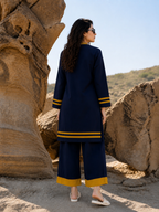 Midnight Blue Contrast Trim Kurta & Palazzo Co-Ord Set for Women