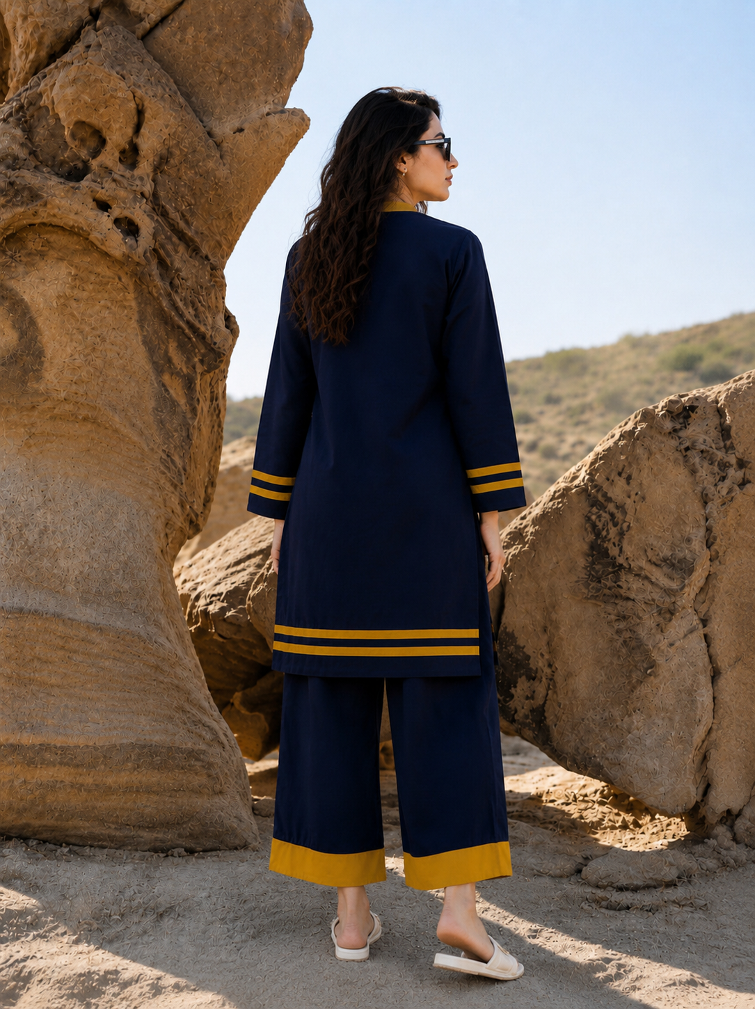 Midnight Blue Contrast Trim Kurta & Palazzo Co-Ord Set for Women