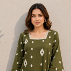 Olive Green Ikat Print Cotton Top | Square Neck Casual Top | LaddyLuxe