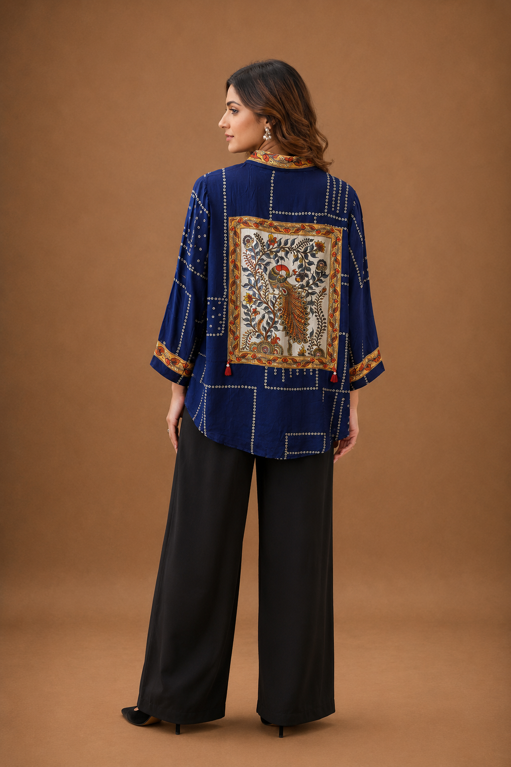 Women's Navy Blue Peacock Back Print Cotton Crepe Oversized Casual Shirt