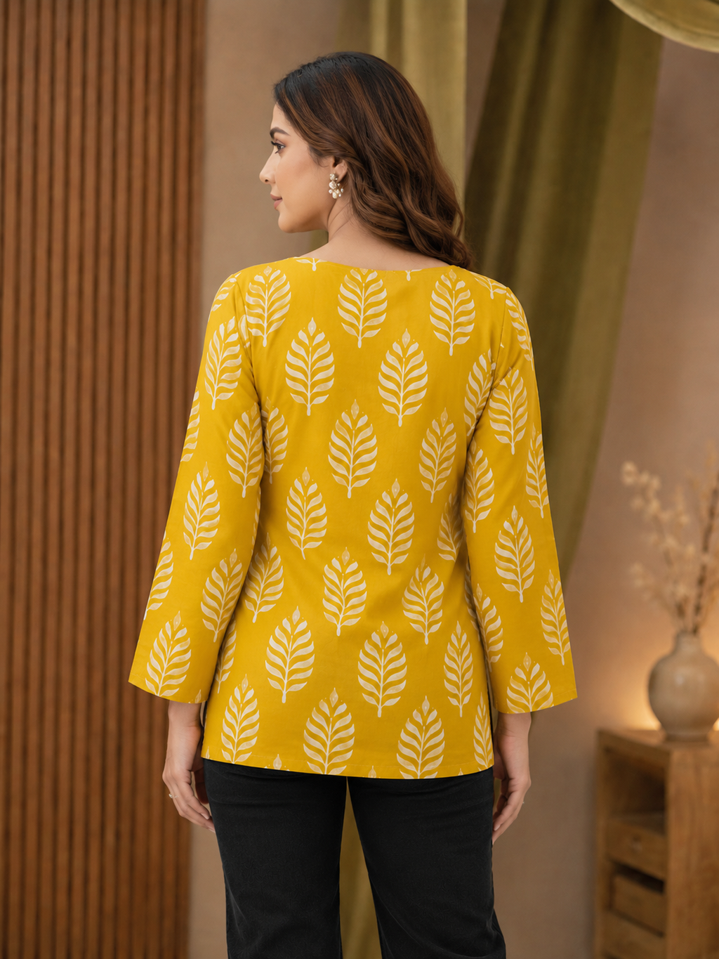 Mustard Yellow Leaf Print Square Neck Top for Women