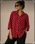 Women's Maroon Bandhani Print Oversized Shirt | Casual Cotton Blend Shirt | LaddyLuxe