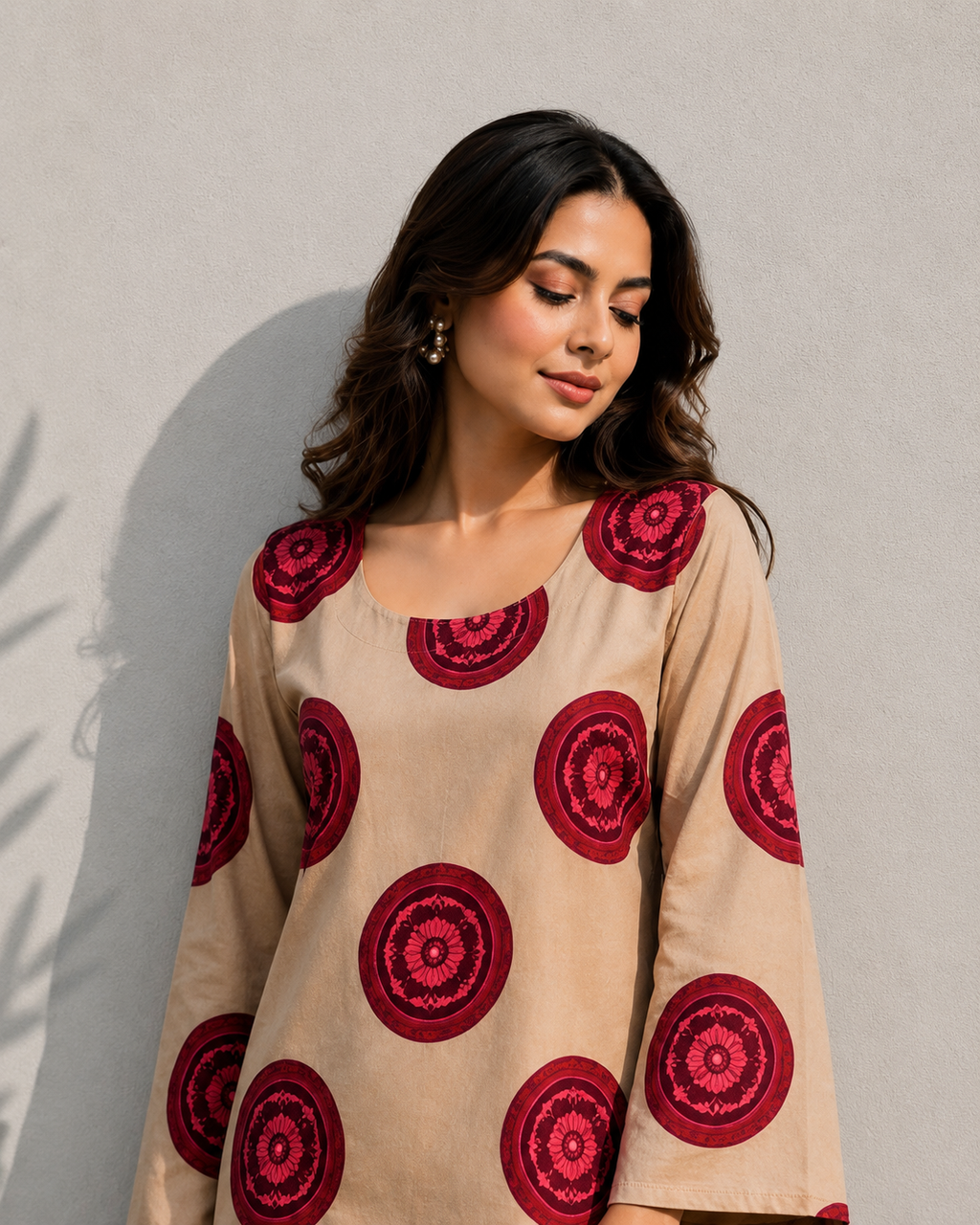 Beige Cotton Top with Maroon Floral Print | Round Neck Casual Top | LaddyLuxe