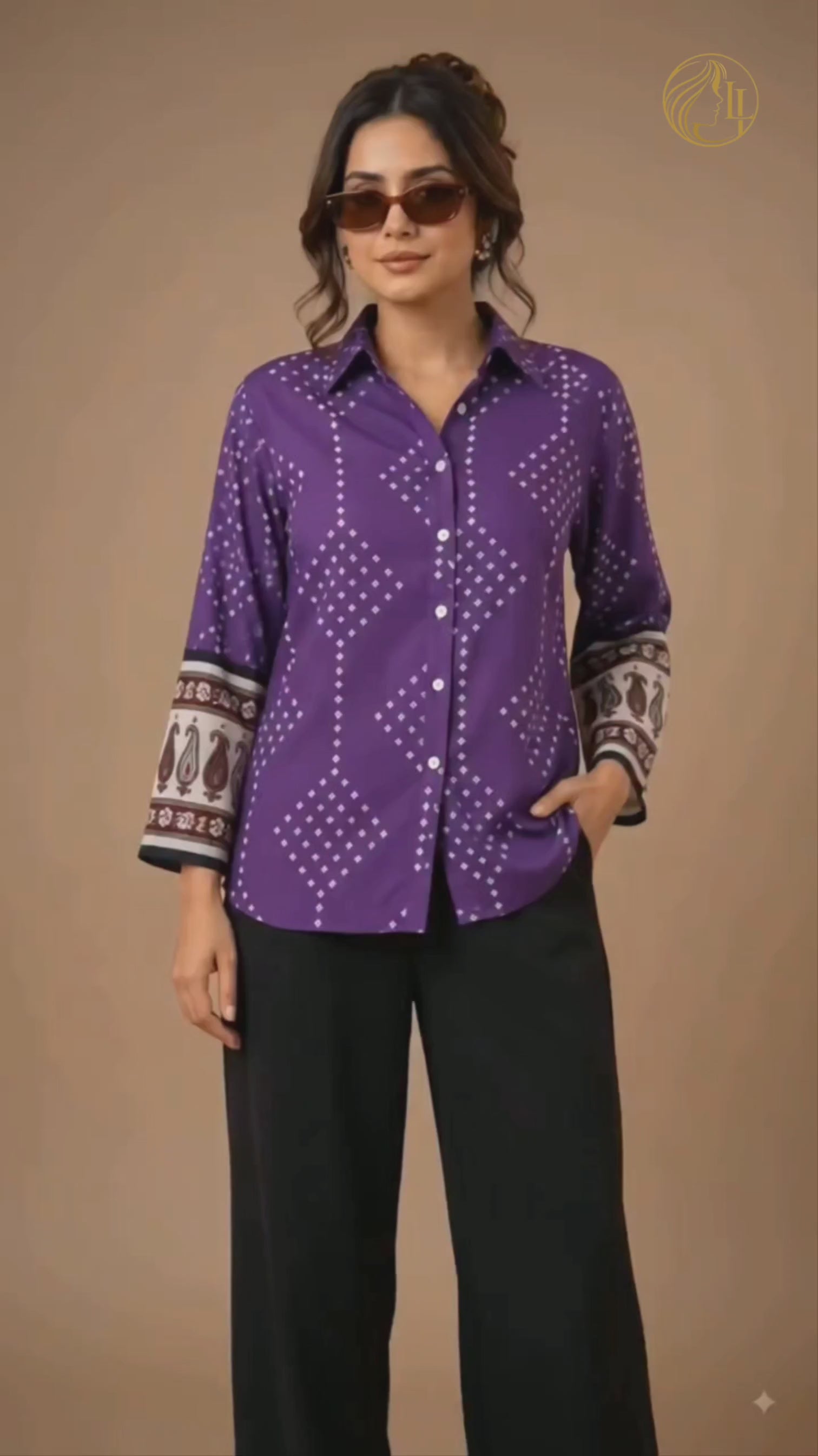 Women's Purple Bandhani Print Collared Shirt | 3/4 Sleeves | Premium crepe